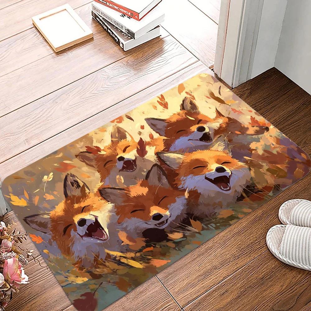 Forest-Style Fox Entrance Doormat Non Slip Stain Resistant Foot Mat Home Entrance Cartoon Rug Home Decoration