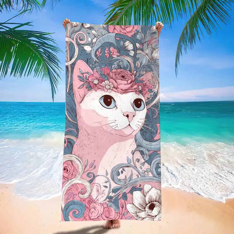 Vintage Floral Wreath Pink White Cat Sketch Print Beach Towel Sand Free Quick Dry Towel for Girls Beach Pool Holiday