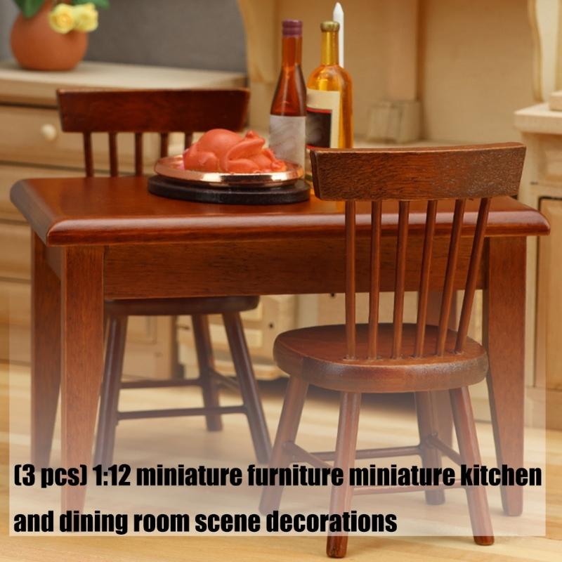 3PCS 1:12 Scale Miniature Kitchen Furniture Set Realistic Wooden Dollhouses Accessories For Dining Room Decors