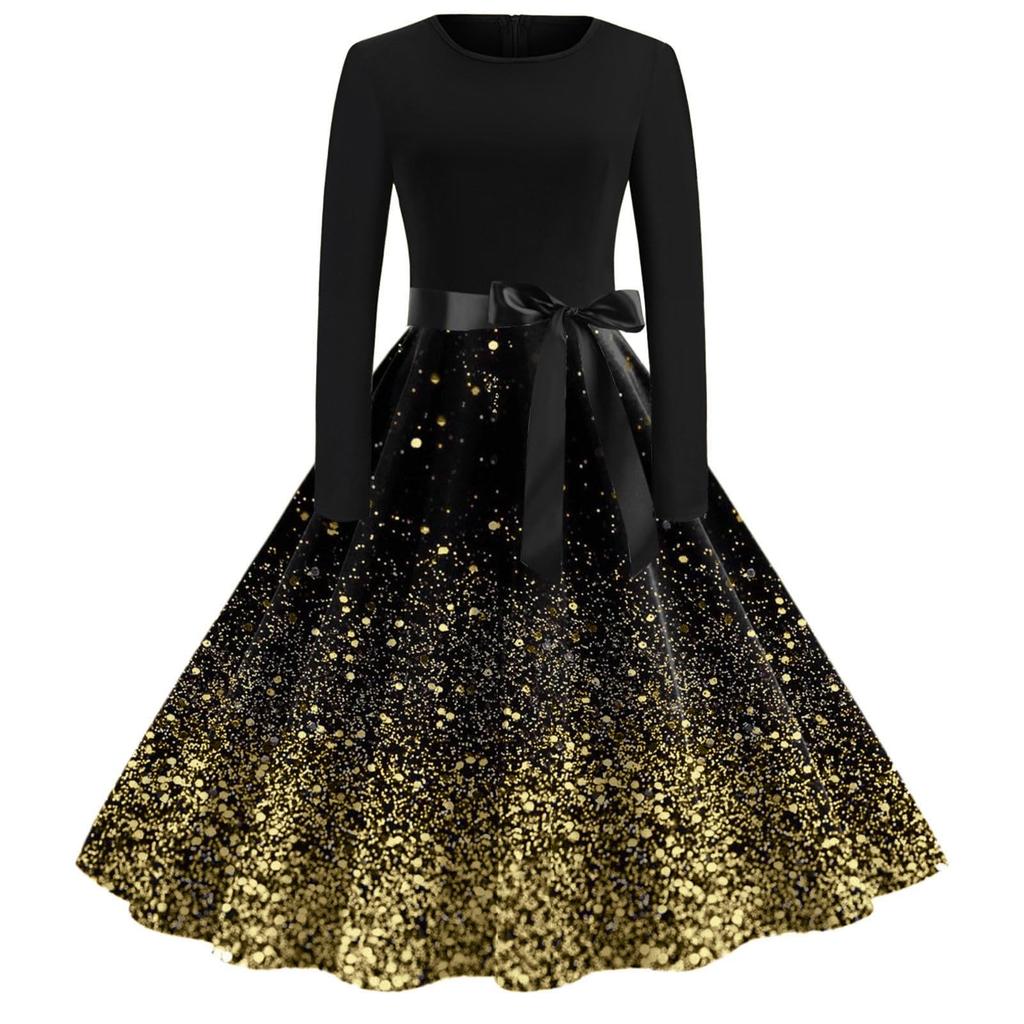 Женские повседневные модные длинные платья с рождественским графическим принтом и длинными рукавами в винтажном стиле