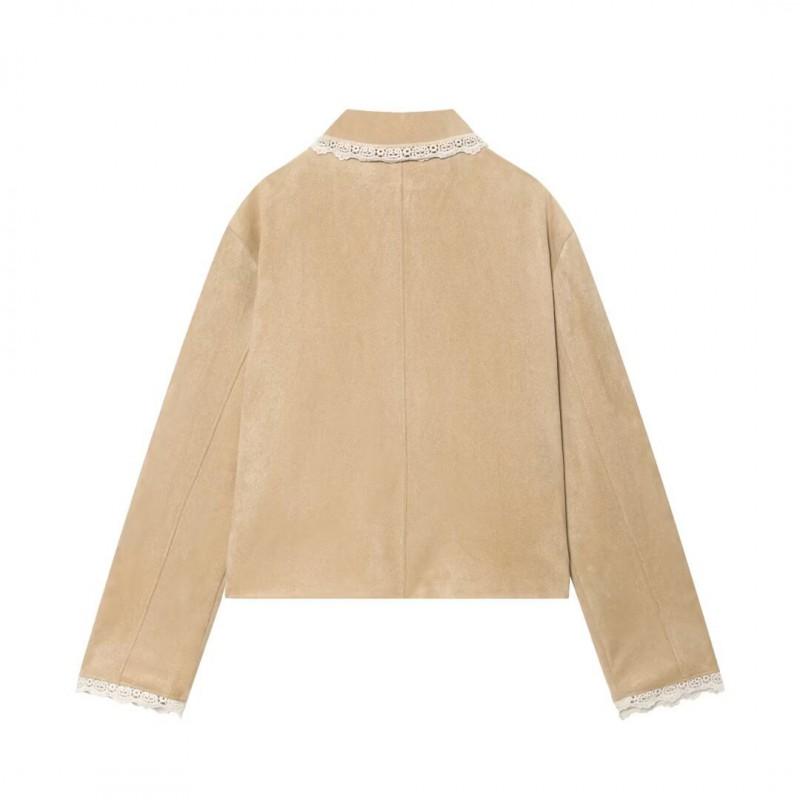 Womens Casual Lace Trim Velvet Short Jacket Slim Fit Long Sleeve Turn-down Collar
