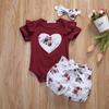 Newborn Girls Short Pants Outfits, Ruffles Heart Romper + Flowers Printed Shorts + Bowknot Headband Sets