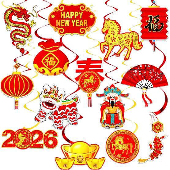Happy Chinese New Year Hanging Swirls The Year of Horse Decorations 20PCS Lunar New Year Hanging Streamers Spring Festival Lion Dance Zodiac Horse