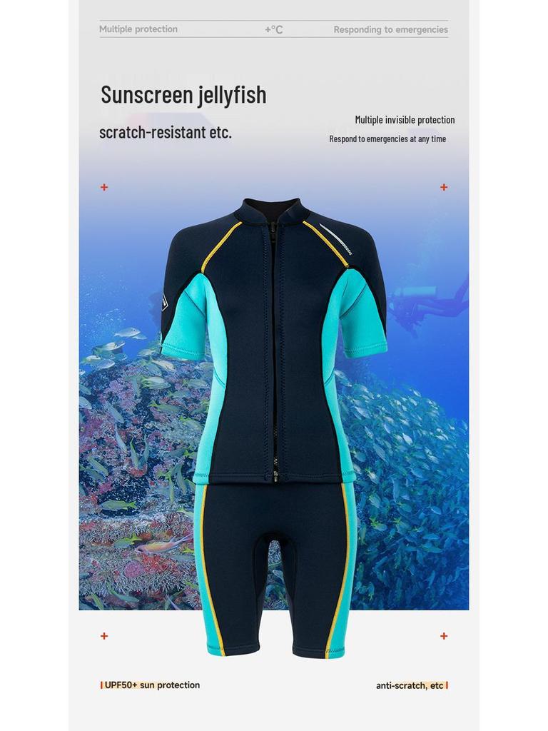 1.5MM Unisex Short-Sleeve Split Diving Suit with Snorkeling Surf Shorts and Cold-Proof Pants