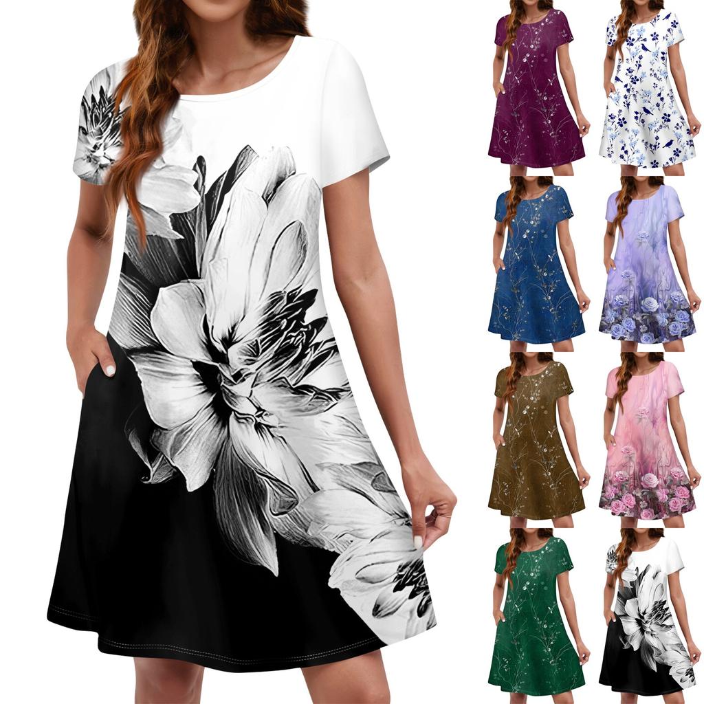 Summer Dresses For Women Beach Floral Sundress Short Sleeve Pockets Casual Tshirt Dress
