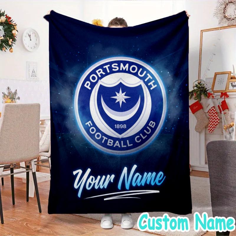 Custom Name Portsmouth Football Club Flannel Blanket Seasonal Universal Blanket For Indoor/outdoor, Perfect For Bedroom Sofa birthday gifts