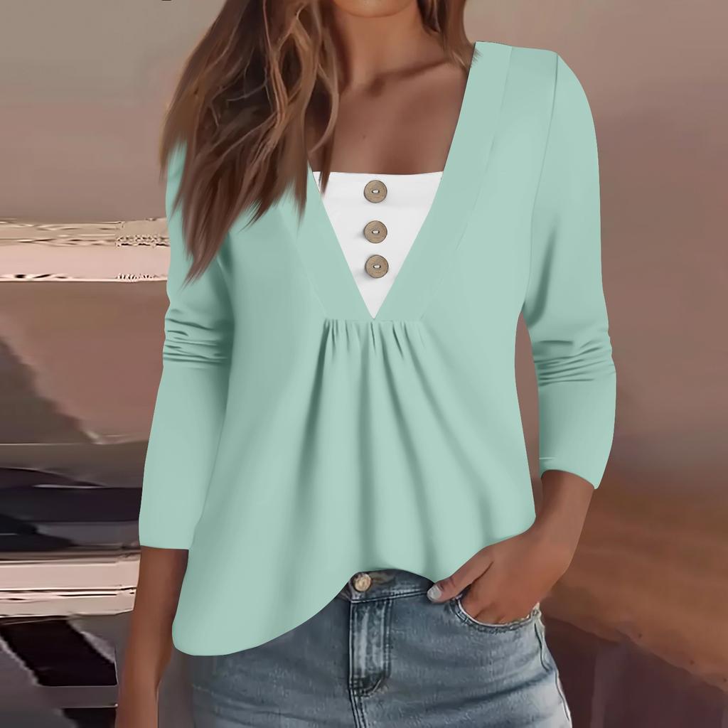 Women's Fashion Casual Long Sleeve Shirt Solid Color Button V Neck Up Tops
