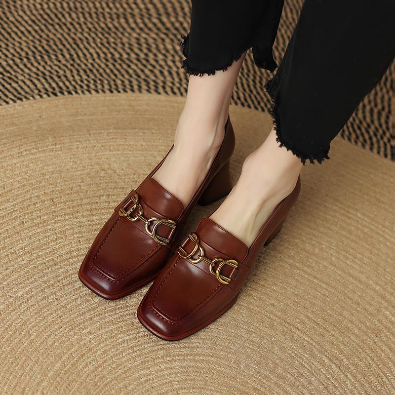 2024 Spring New Genuine Leather Women Shoes Leisure Women Slip-On Shallow Pumps Square Toe Heels Shoes Women Zapatos De Mujer