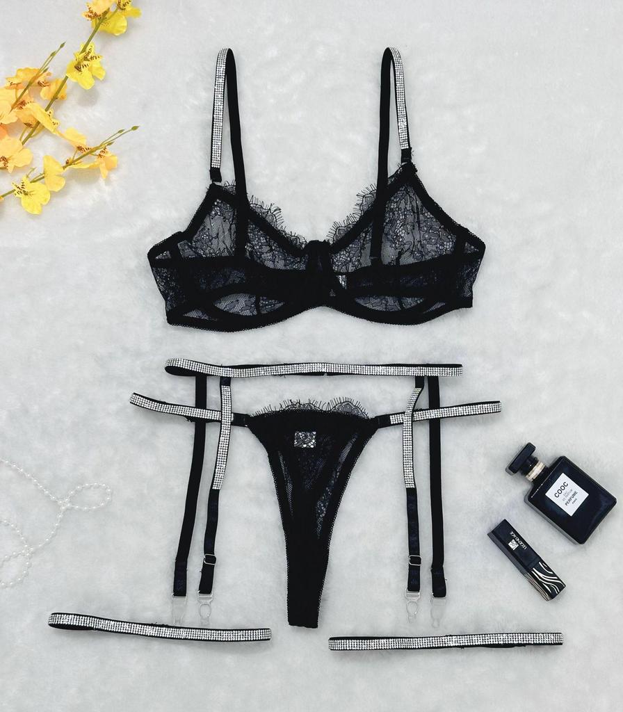Хит продаж Европейский и Американский Сексуальный Кружевной Комплект Стринги с Бриллиантами и Подвязки - 4 предмета