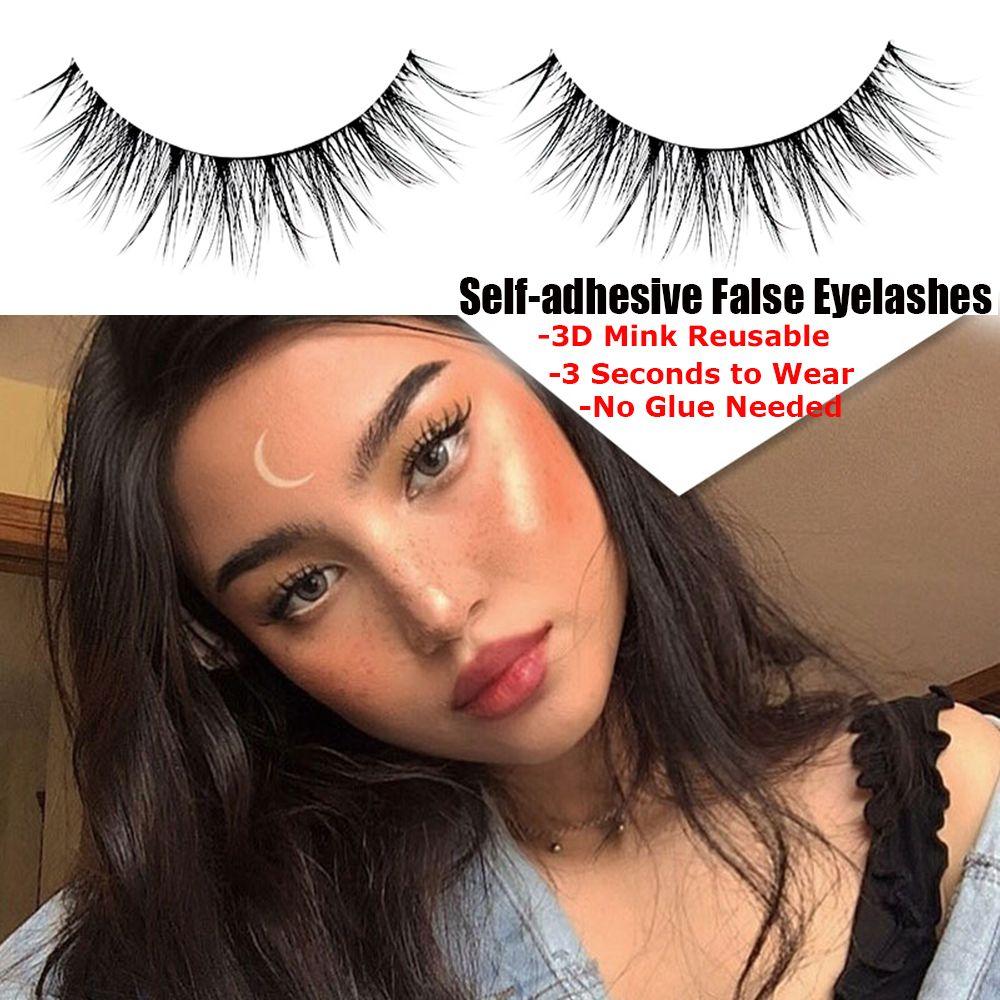 Pair Women Beauty No Glue Needed Thick 3D Mink Reusable Self-adhesive False Eyelashes Natural Curly