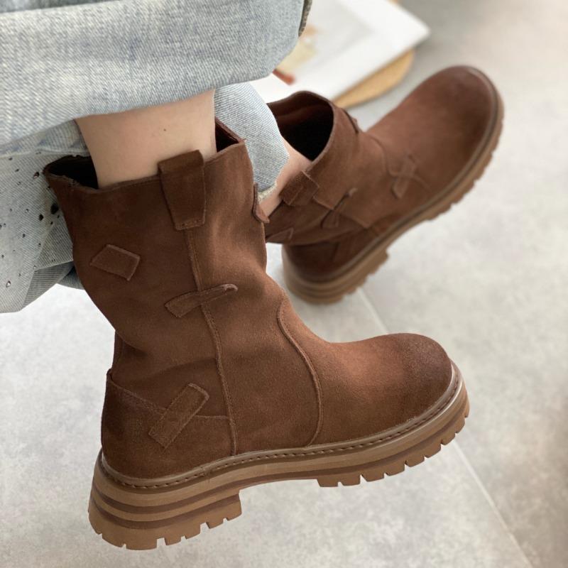 Модные однотонные женские сапоги, полусапожки, женские ботильоны с круглым носком и толстым каблуком, осенне-зимние женские туфли