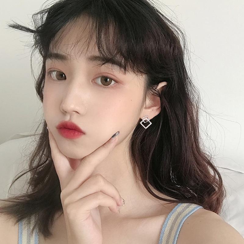 925 Sterling Silver Cubic Zircon Square Bead Charm Stud Earrings For Women Girls Lady Pendientes Jewelley Eh1338