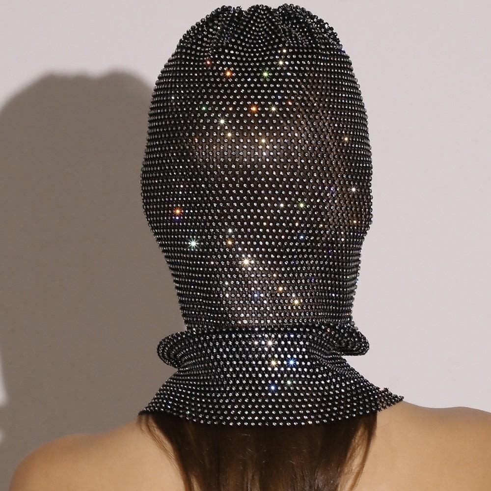 Zircon Rhinestone Head Mask Mesh Fishnet Headhood Elegant Balaclava Hat Nightclub