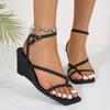 Sexy Black Cross Strap Clip Toe Sandals Women Square Toe Wedge Heels Sandals 2025 Summer Casual Party Dress Shoes Full Code