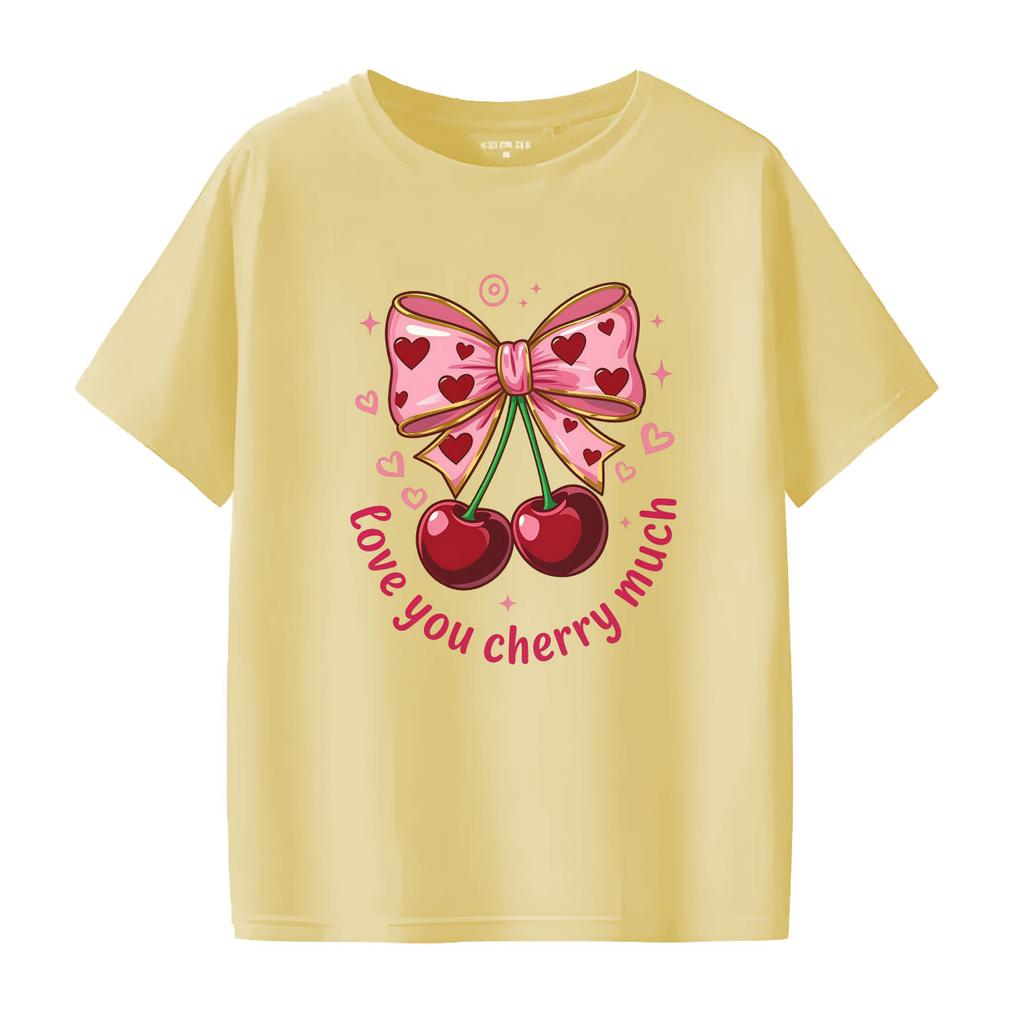 Fashionable and cute bow cherry cartoon print pattern daily Tshirt short sleeved round neck versatile Womens Tshirt