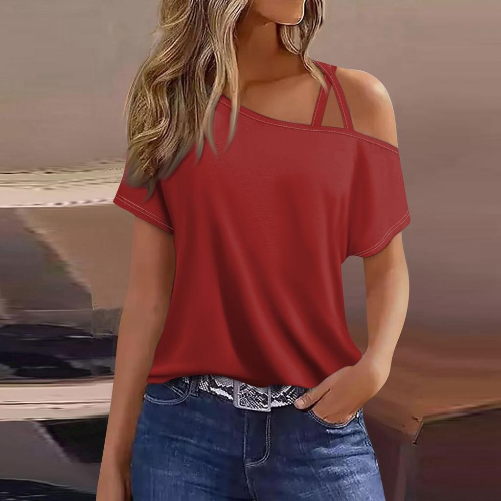 Women's Fashion Casual Print Sexy Cold Shoulder Short Sleeve T-shirt Top
