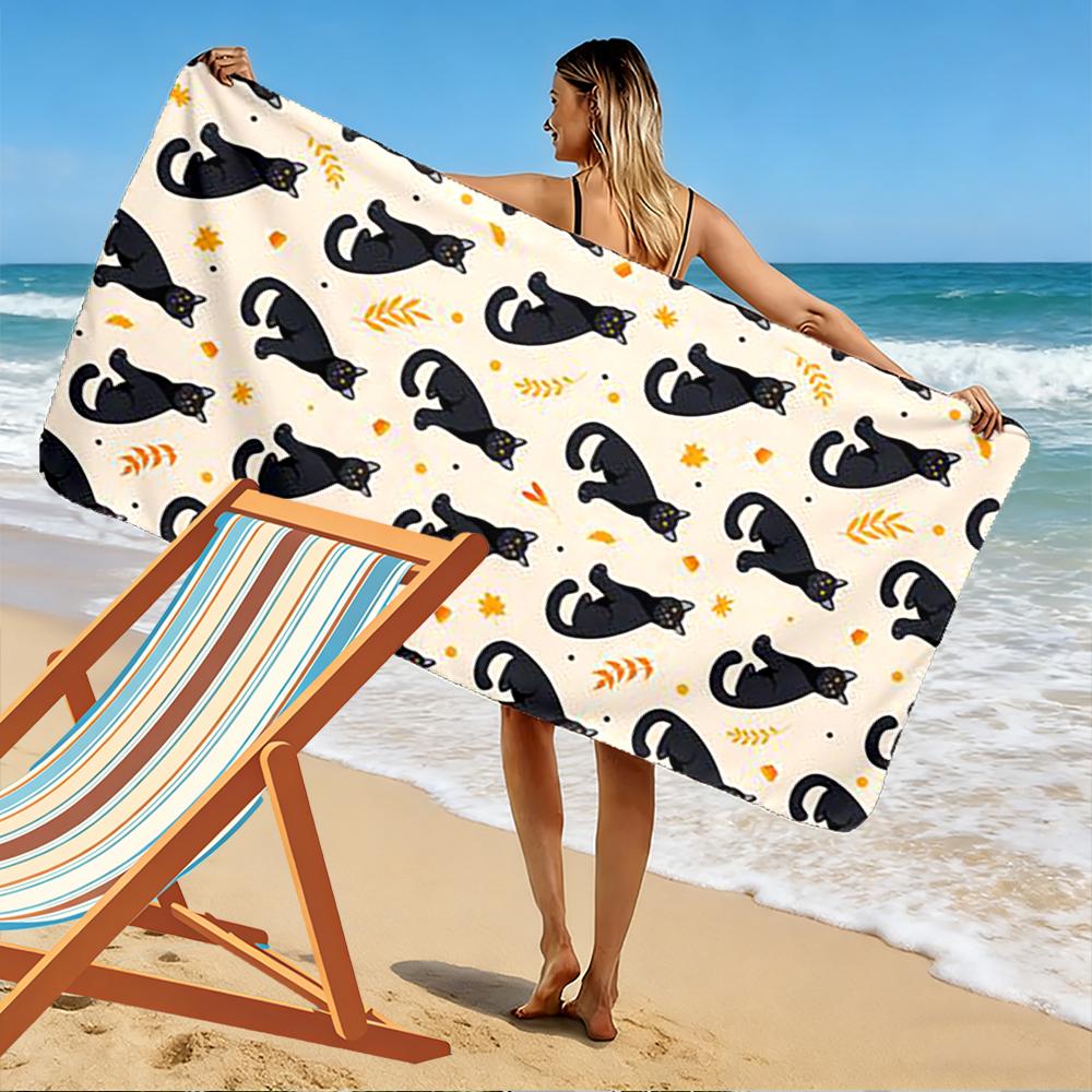 Black Cat Pattern with Fall Leaves Beach towel quick-drying for travel outdoor sports jogging beach and swimming
