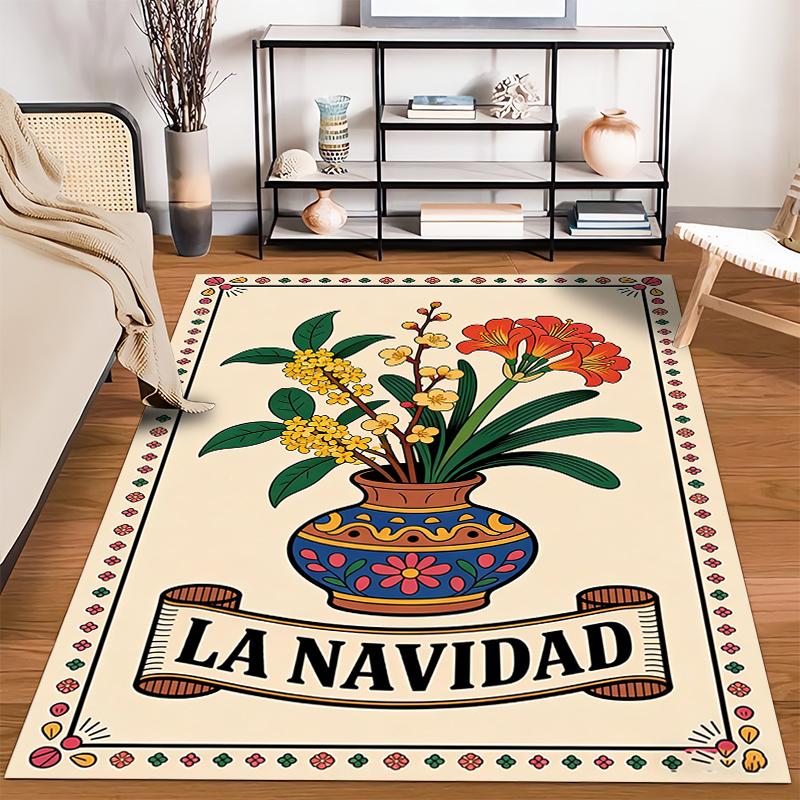 Floral Vase Print Rug with "La Navidad" Text and Festive Design Suitable for use as an anti-slip for living room bedroom sofas