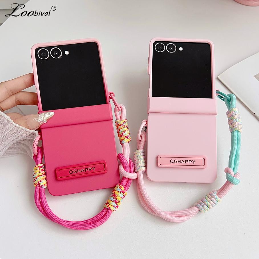 Double Color Contrast Lanyard Matte Case for Samsung Galaxy Z Flip 7 6 5 4 3 Zflip Hand Wrist Strap Bracket Stand Hard PC Cover