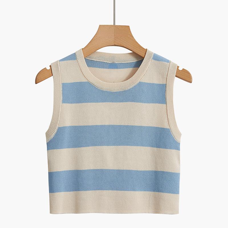 Сексуальная женская майка в рубчик, летние укороченные топы без рукавов в полоску с круглым вырезом, уличная винтажная корейская модная рубашка, жилет, одежда Y2K