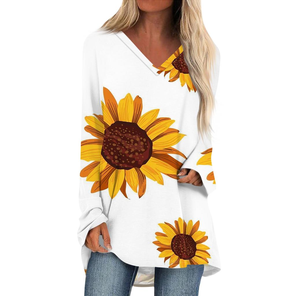 Женская и зимняя футболка с длинными рукавами и V-образным вырезом с принтом, повседневная, длинная, свободная