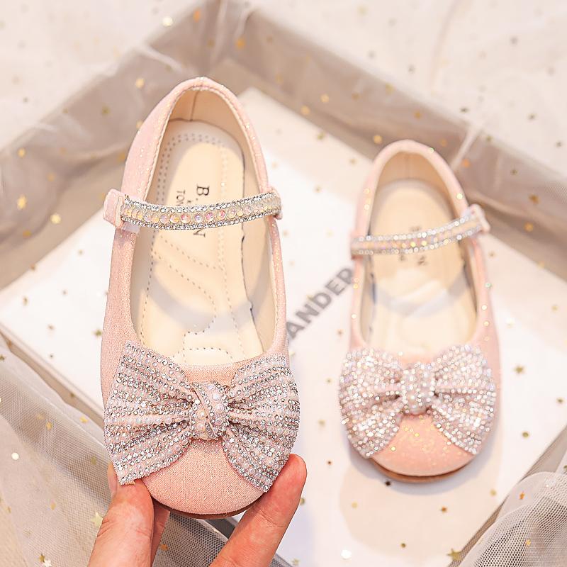 Kids Fashion Girls Mary Janes for Party Wedding New Soft Breatheable Simple Non-slip Children Casual Shoes Bow Rhinestones