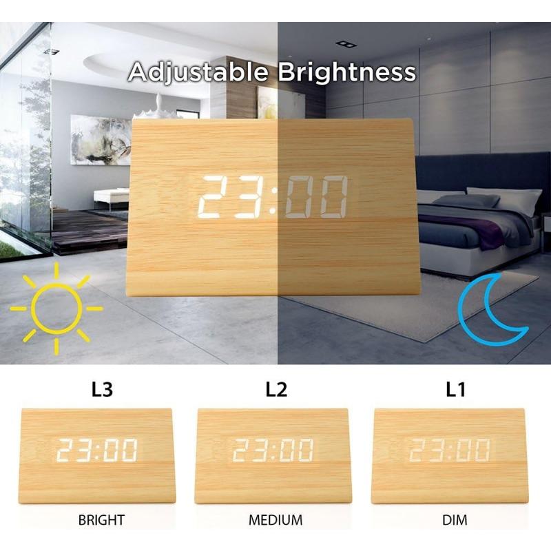 Multi-function LED Alarm Clock Digital Plug-in Clock, Bamboo Voice Control Clock, Adjustable Brightness, Alarm Time, Display Time Date Temperature