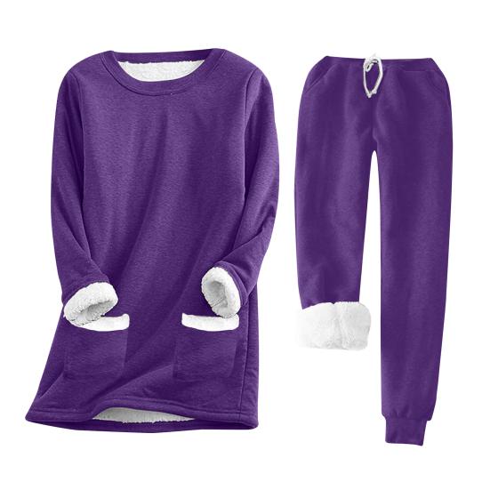 2 шт./комплект женский топ брюки костюм однотонный длинный рукав О-образный вырез топ эластичный пояс толстые брюки с плюшевой подкладкой спортивный фитнес-костюм