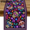 3pcs Table Runner Rustic Linen Mexican Sugar Skull Day of The Dead Decoration for Home Kitchen Dining Room Festive Flowers and Sugar Skulls Decorate