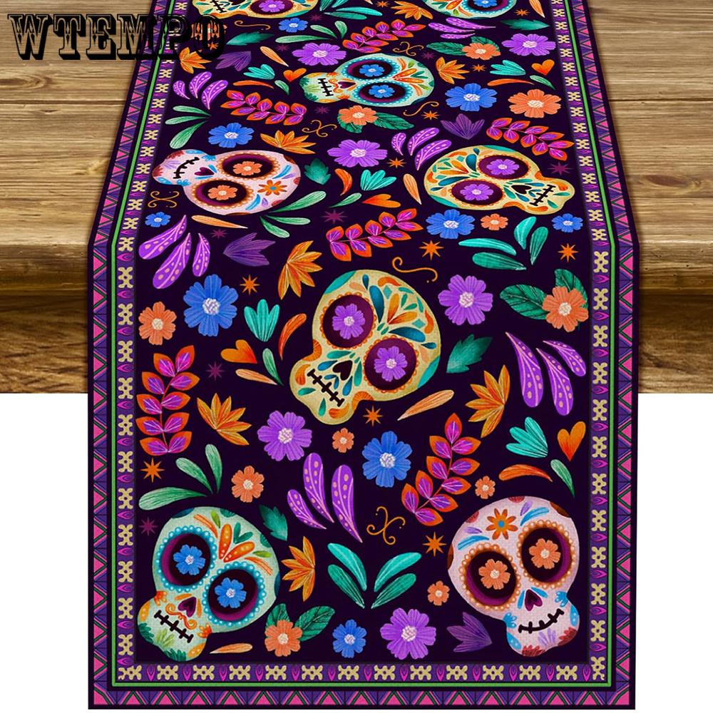 3pcs Table Runner Rustic Linen Mexican Sugar Skull Day of The Dead Decoration for Home Kitchen Dining Room Festive Flowers and Sugar Skulls Decorate