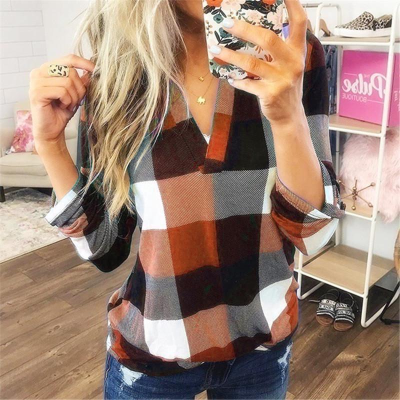 Women's Spring Autumn Shirt Checkered Printed V-neck Long Sleeved Top Blouses