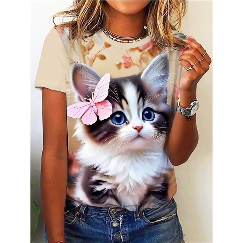 Funny Cat Pattern T Shirt For Women Clothing Cute Animal 3D Printed Short Sleeves Summer Oversized T-Shirts O-Neck Girl Tops Tees