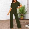 Женский комбинезон с поясом на шнуровке, широкие штанины, короткие рукава, чистый цвет, О-образный вырез