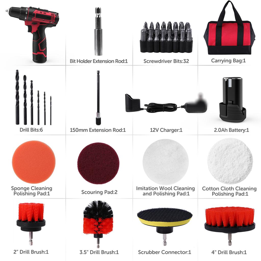 Комплект аккумуляторной дрели-шуруповерта. Набор электрических дрелей 12 В. 50 шт. Набор щеток для электрической дрели. 18 + 1 винт сцепления.