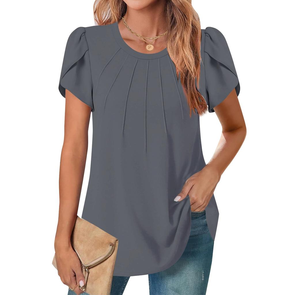 Женский повседневный топ с круглым вырезом и коротким рукавом на груди, плиссированный, с клапаном на рукаве, однотонный