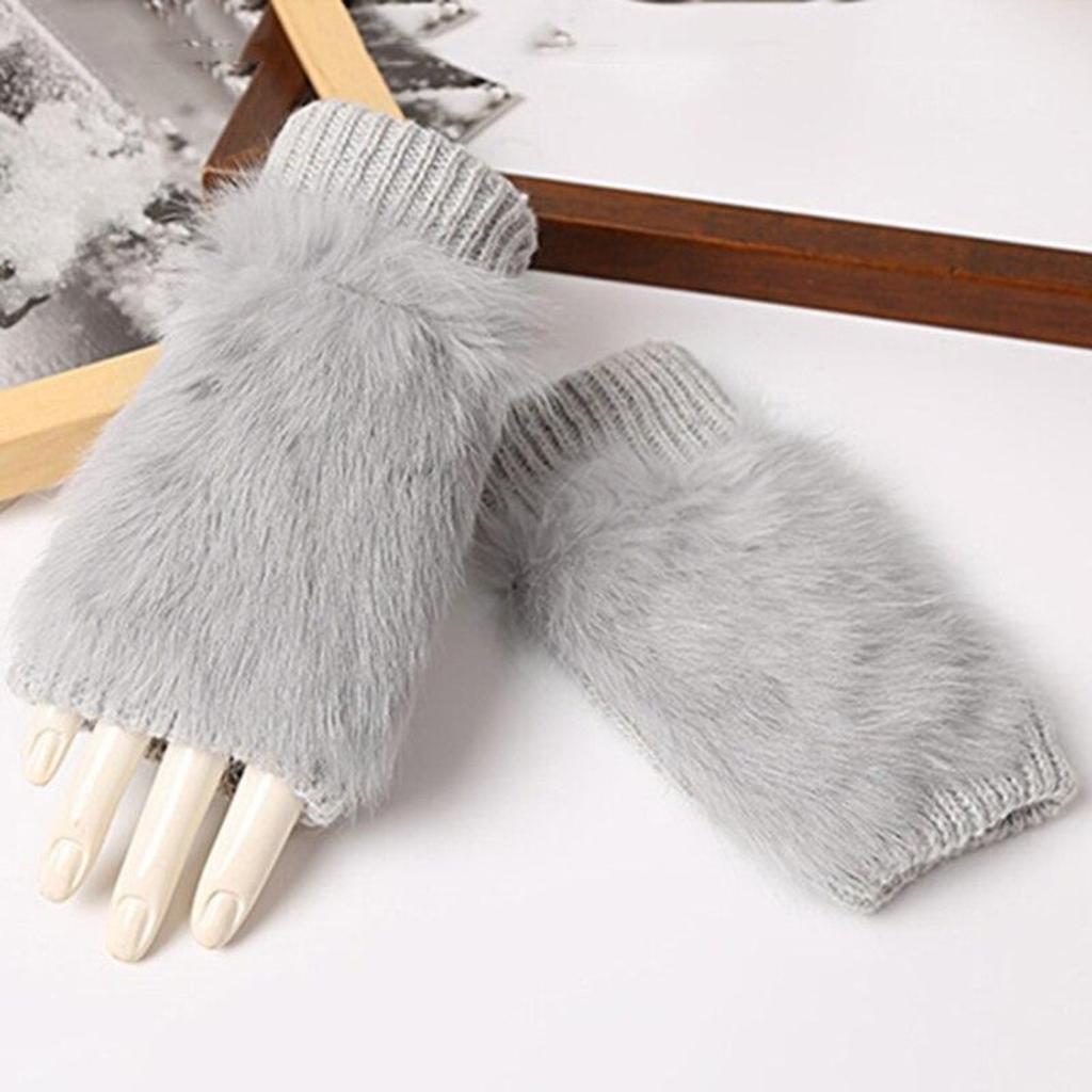 Winter Women's Warm Fluff Knitted Gloves Soft Half Finger Gloves Rabbit Fur Mittens