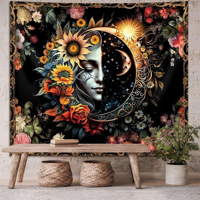 Split Sun Moon Face Floral Tapestry Sunflower Rose Star Print Wall Hanging Polyester Cloth Bedroom Boho Mystical Decor