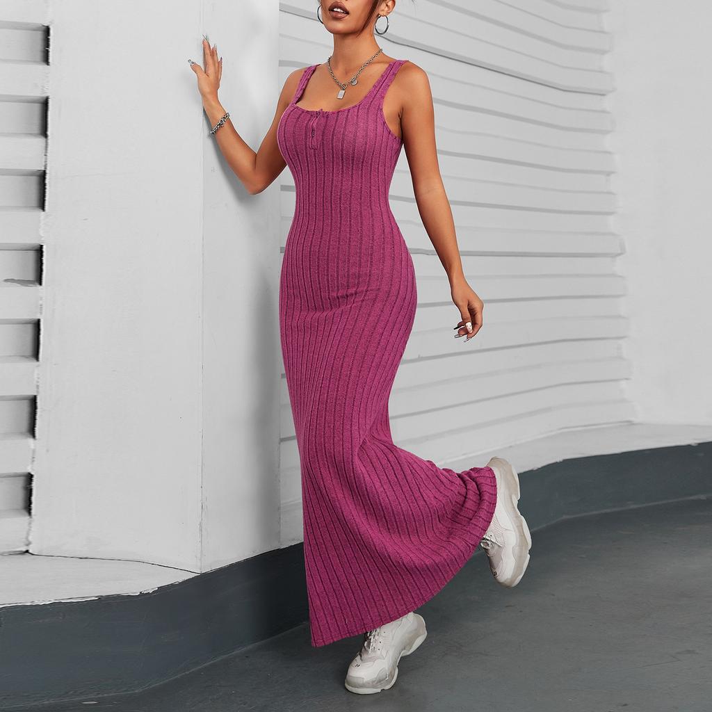 Женские летние повседневные длинные платья без рукавов с пуговицами на шее, облегающие платья с эластичным кроем