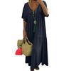 Women Summer Cotton Linen Maxi Dress Loose Short Sleeve V-Neck Flowy Dress Casual Tiered Beach Swing Dress
