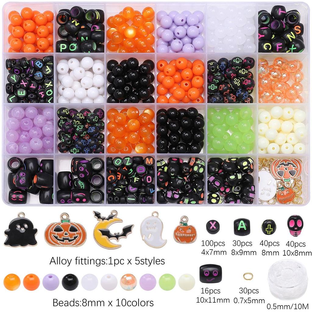 520pcs/box Acrylic Beads Halloween Alloy Pendants Accessory Set for DIY Necklace Bracelet Jewelery Making