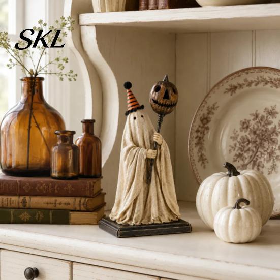 Textured Resin Halloween Statue Vintage Ghost Figurine with Glowing Pumpkin Scepter, Ornament Striped Hat LED Light, Lighted Decoration for