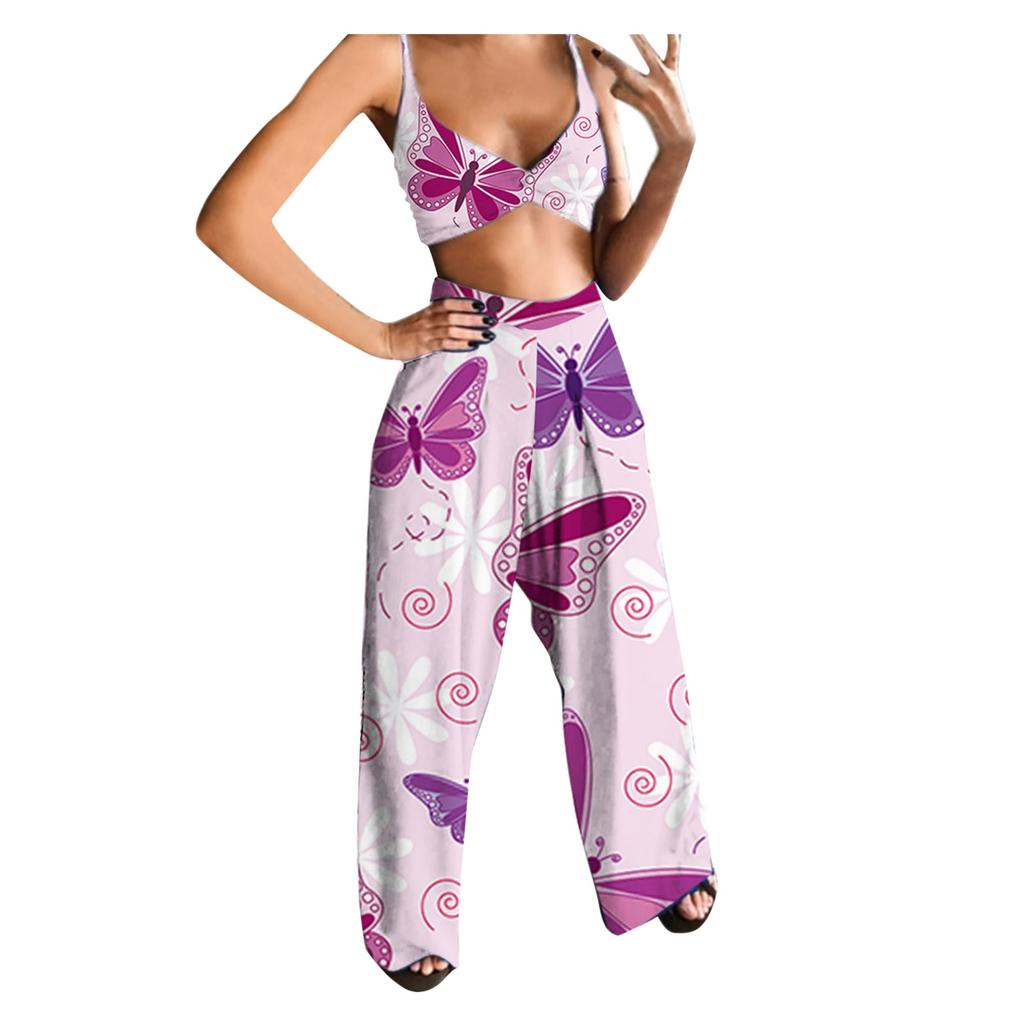 Women Casual Butterfly Printed Sleeveless Camis Tops+Long Pants 2 Piece Set