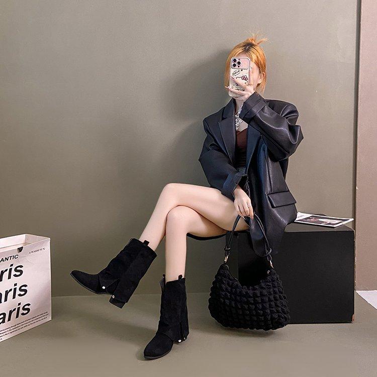 Вариант из овчины! Ретро ковбойские сапоги западного стиля женские дизайнерские остроносые сапоги для брюк толстый каблук V-образный вырез тонкий ворс короткие сапоги