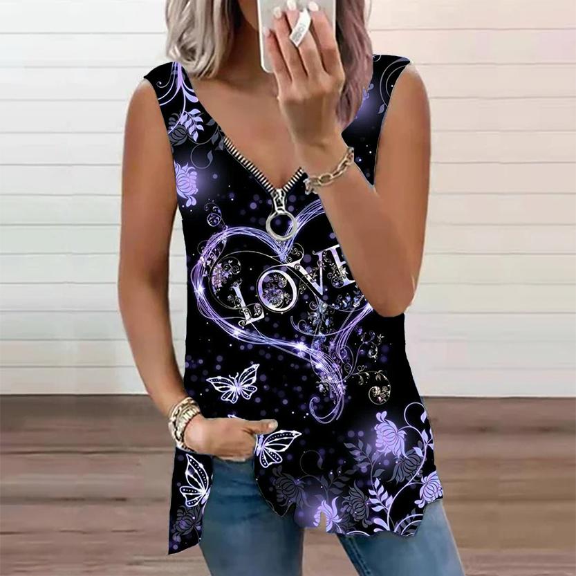 Женский топ, летний новый модный красивый повседневный топ с принтом «Любовь», без рукавов, на молнии, с v-образным вырезом, топ на бретелях