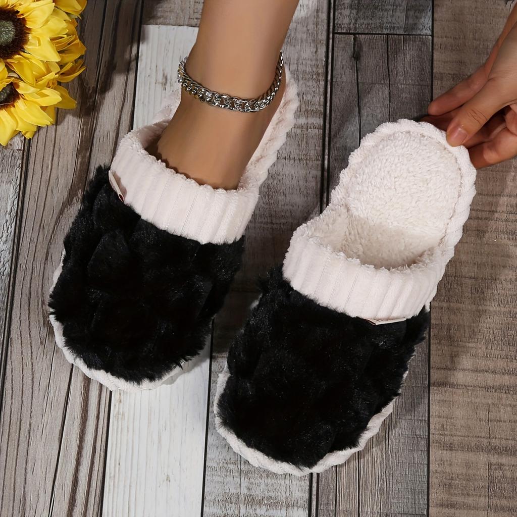 1 Pair Faux Fur Slippers, Casual Slip On Plush Lined Shoes, Comfortable Indoor Home Slippers