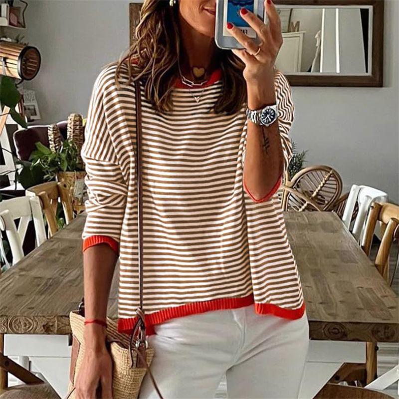 Повседневный полосатый контрастный цвет с длинными рукавами и круглым вырезом женская одежда свитер