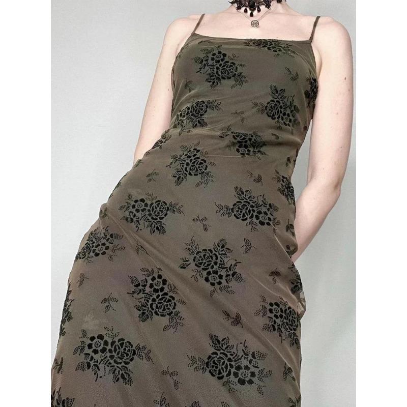 Y2K Retro Fashion Strap Printing Summer Maxi Dress Women Fairycore Grunge Chic Party Long Mesh Dresses Gothic Clothes