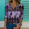 Women Fashion V-neck Print  Pullover Long Sleeve Loose Blouse Tops