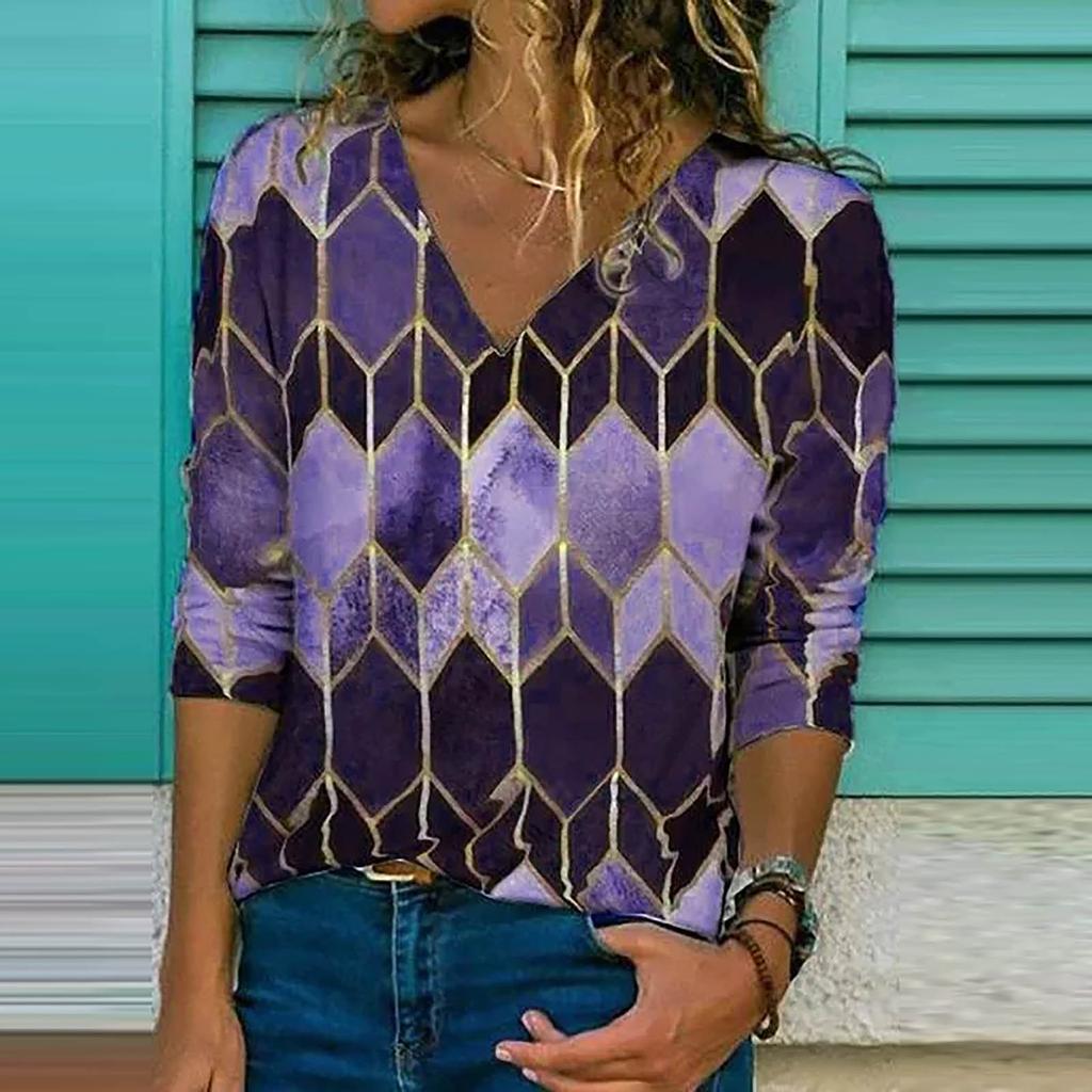 Women Fashion V-neck Print  Pullover Long Sleeve Loose Blouse Tops