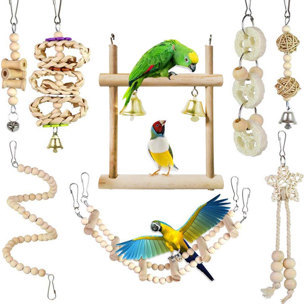 8 Pieces Parrot Chewing Toys Bird Toys Wooden Swing Soft Ladder Ladder Wooden Beads Rotating Stairs for Cockatiel,